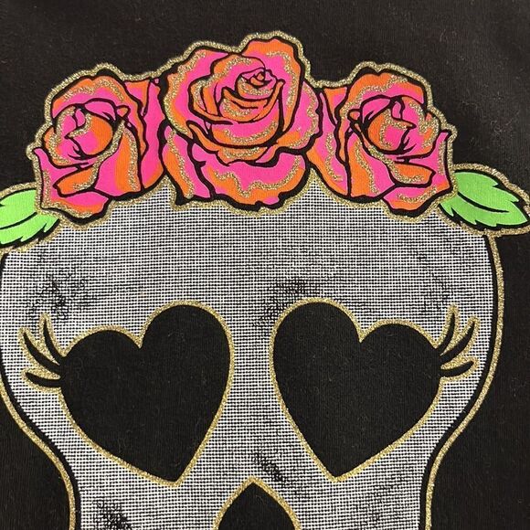 Celebrate Halloween Glitter Skull w/ Cross Bones and Roses Baseball Shirt- 7/8 - Picture 6 of 16
